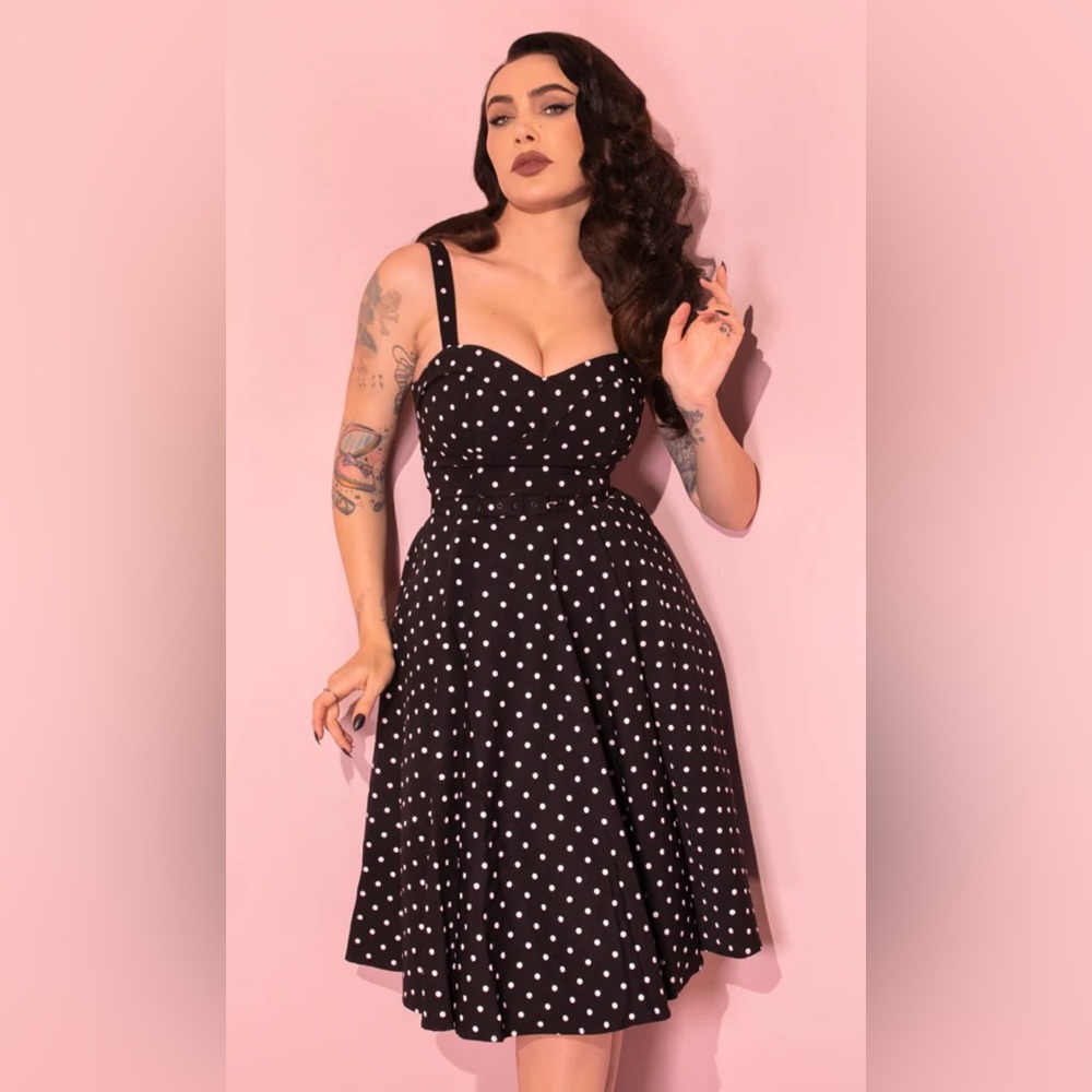 Vixen by Micheline Pitt - Maneater Swing Dress in Black Polka Dot - 2X